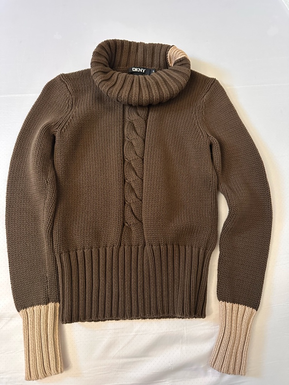 DKNY Brown Cable Turtleneck Sweater with Cream Cuff Accents